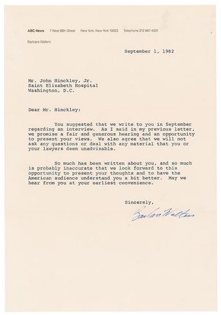 Lot #225 John Hinckley and Barbara Walters: Hinckley writes to Barbara Walters: 