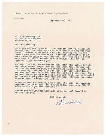 Lot #225 John Hinckley and Barbara Walters: Hinckley writes to Barbara Walters: 