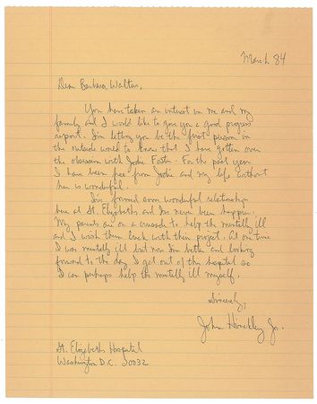 Lot #225 John Hinckley and Barbara Walters: Hinckley writes to Barbara Walters: 