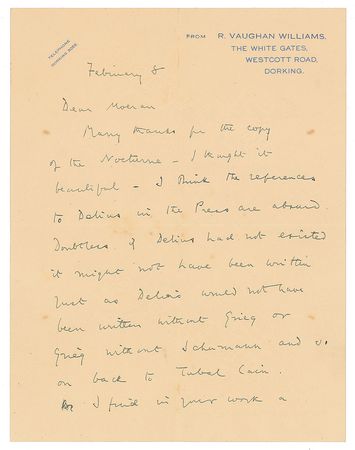 Lot #559 Ralph Vaughan Williams Handwritten Letter Signed - Image 1