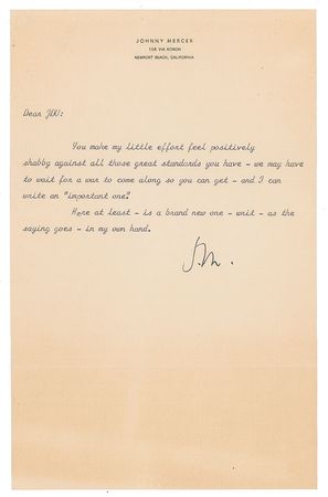 Lot #626 Johnny Mercer Signed Note and Typed Letter Signed - Image 1