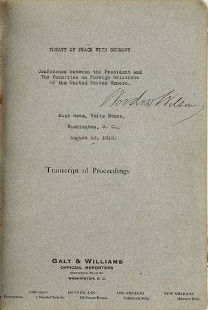 Lot #69 Woodrow Wilson: Treaty of Versailles: Twice-signed official transcript concerning American adoption of the Treaty of Versailles - Image 1