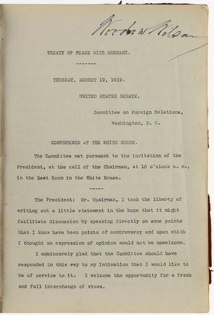 Lot #69 Woodrow Wilson: Treaty of Versailles: Twice-signed official transcript concerning American adoption of the Treaty of Versailles - Image 2