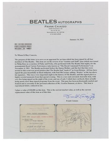 Lot #4022  Beatles Signed 1963 Royal Command Backstage Pass - Image 3