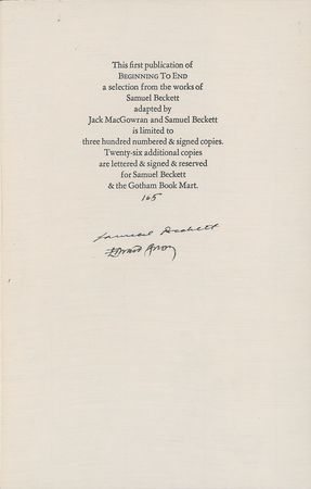 Lot #399 Samuel Beckett and Edward Gorey: Beckett and Gorey sign a special edition of Beginning to End - Image 1