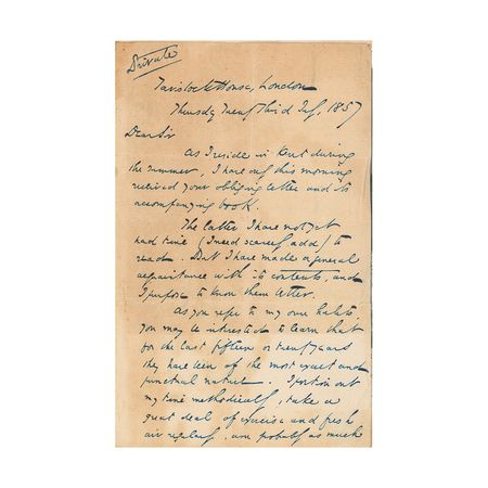 Lot #414 Charles Dickens: Dickens on his daily routine—