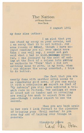 Lot #403 Willa Cather: Handwritten poem by Willa Cather, plus praise to her from Van Doren: 