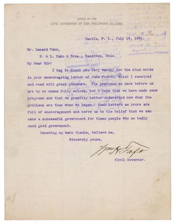 Lot #97 William H. Taft: As governor of the Philippines, Taft aims to 