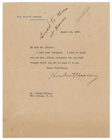 Lot #27 Herbert Hoover: President Hoover thanks