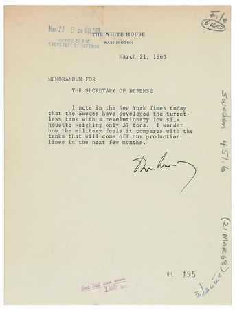 Lot #45 John F. Kennedy: JFK writes to McNamara on tank technology: 