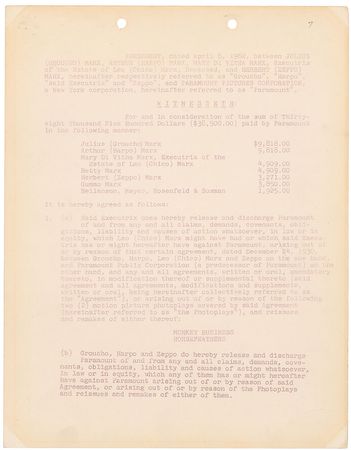 Lot #634 Marx Brothers: The four surviving Marx Brothers settle with Paramount on Horse Feathers and Monkey Business - Image 1