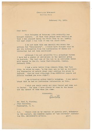 Lot #300 Orville Wright: On the fate of the Wright Flyer: 