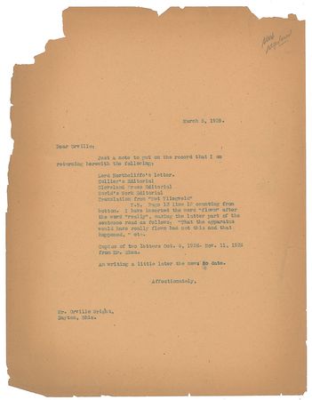 Lot #300 Orville Wright: On the fate of the Wright Flyer: 