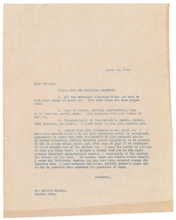 Lot #300 Orville Wright: On the fate of the Wright Flyer: 