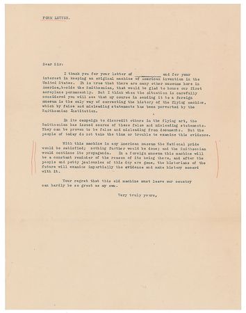 Lot #300 Orville Wright: On the fate of the Wright Flyer: 