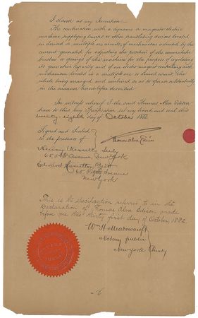 Lot #127 Thomas Edison: Rare 1882 Edison patent application for 