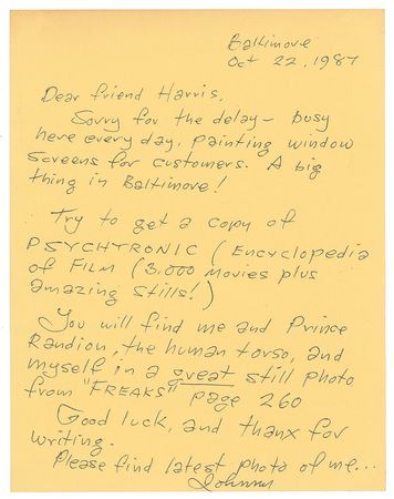 Lot #7339 Johnny Eck Autograph Letter Signed - Image 1