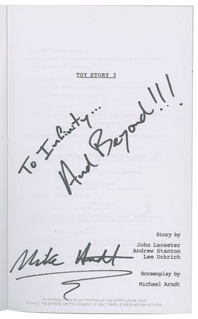 Lot #7517  Toy Story 3 Mini Script Signed by Michael Arndt - Image 1