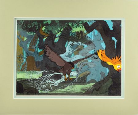 Lot #7577 Wart (King Arthur) and Hawk production cels and preliminary conceptual background from The Sword in the Stone - Image 2
