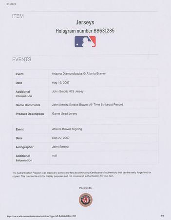 Lot #729 John Smoltz Game-Worn 2007 Atlanta Braves Jersey - Breaks Franchise Strikeout Record!: Game-worn jersey from a record-setting outing - Image 7