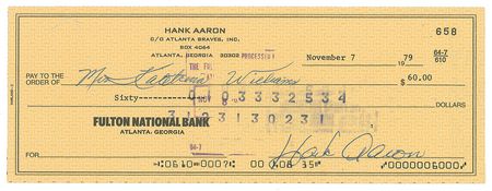 Lot #733 Hank Aaron Signed Check - Image 1