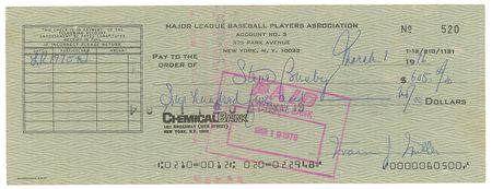 Lot #755 Steve Busby and Marvin Miller Signed Check - Image 1