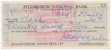 Lot #860 George Sisler Signed Check - Image 1