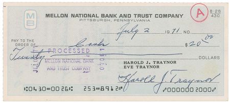 Lot #867 Pie Traynor Signed Check - Image 1