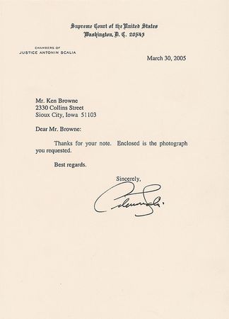 Lot #175 Antonin Scalia Signed Photograph and Typed Letter Signed - Image 2