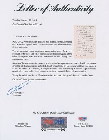 Lot #354 Alphonse de Lamartine Handwritten Letter Signed - Image 3