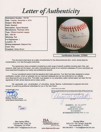 Lot #816 Billy Martin Signed Baseball - Image 2