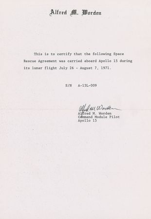 Lot #5233  Apollo 15 Flown Space Treaty and Signed Cover - Image 1
