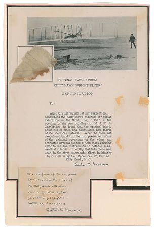 Lot #5001  1903 Wright Flyer Wing Fabric and First Hangar Wooden Fragment - Image 1