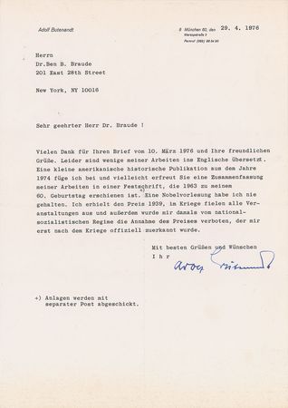 Lot #6078 Adolf Butenandt Typed Letter Signed - Image 1