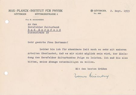 Lot #6014 Werner Heisenberg Typed Letter Signed