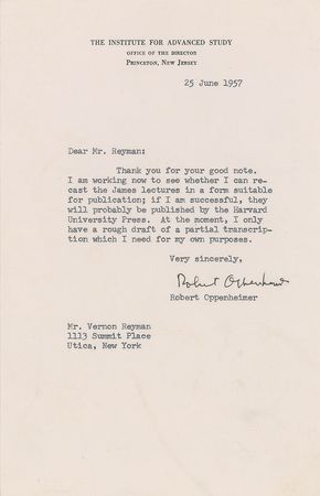 Lot #6020 Robert Oppenheimer Typed Letter Signed