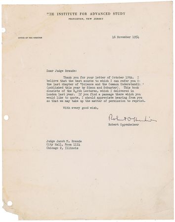 Lot #6021 Robert Oppenheimer Typed Letter Signed
