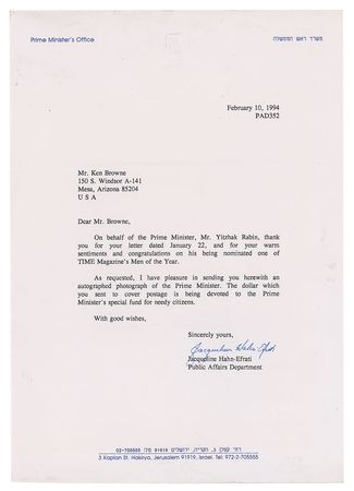 Lot #309 Yitzhak Rabin Signed Photograph - Image 2