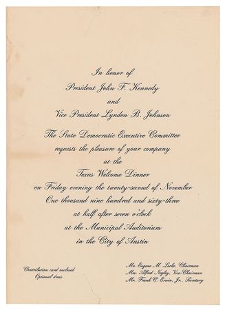 Lot #83 John F. Kennedy Texas Welcome Dinner Invitation and Ticket Invitation and Ticket - Image 1