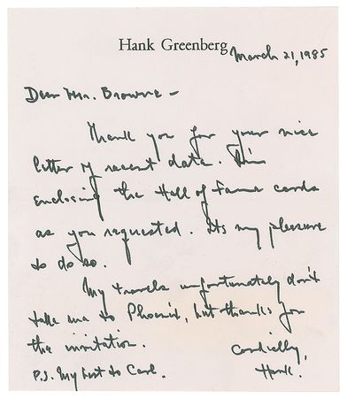 Lot #736 Hank Greenberg Autograph Letter Signed and Signed HOF Card - Image 2