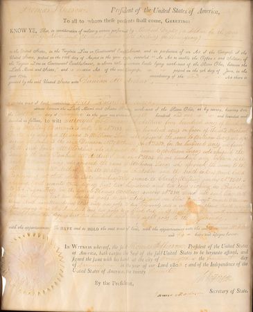 Lot #101 Thomas Jefferson and James Madison: 1803 land grant issued by Jefferson and Madison for 