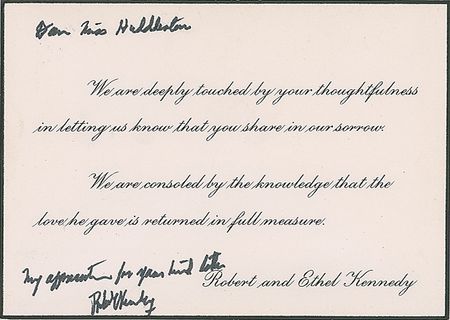 Lot #85 Robert F. Kennedy Signed Mourning Card: Still grieving, Bobby sends warm thanks for condolences - Image 1