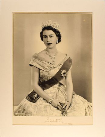 Lot #233 Queen Elizabeth II: Marvelous oversized portrait of the new queen, captured by royal photographer Dorothy Wilding - Image 1