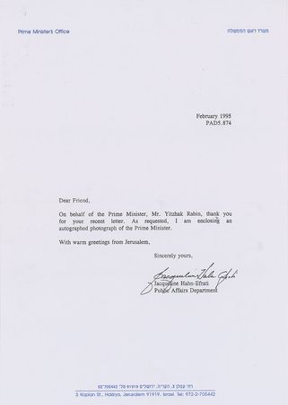 Lot #174 Yitzhak Rabin Signed Photograph - Image 2