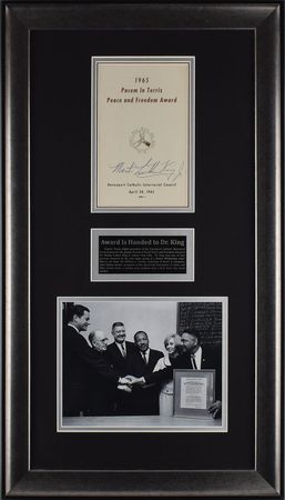 Lot #94 Martin Luther King, Jr: Reverend King accepts the Pacem In Terris Peace and Freedom Award in 1965 - Image 1