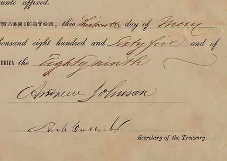 Lot #13 Andrew Johnson: Four days after the end of the Civil War, President Johnson appoints a 