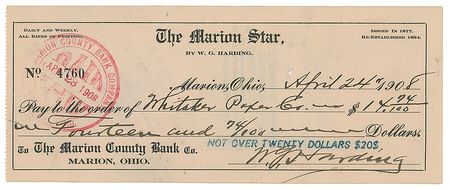 Lot #27 Warren G. Harding Check