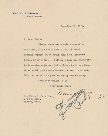 Lot #28 Warren G. Harding: President Harding directs a Christmas bonus for the Marion Star - Image 1
