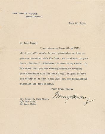 Lot #30 Warren G. Harding: Six weeks before his death, President Harding sends his will for 