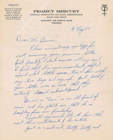 Lot #323 Gus Grissom: Early handwritten letter from the future Liberty Bell 7 pilot - Image 1